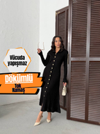 Siyah Fitilli Uzun Triko Kadın Elbise – Gold Düğmeli, Zarif ve Modern