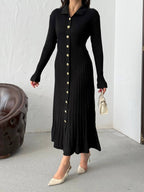 Siyah Fitilli Uzun Triko Kadın Elbise – Gold Düğmeli, Zarif ve Modern