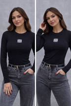 Siyah Fitilli Bisiklet Yaka Uzun Kollu Nakış Detaylı Kadın Body Bluz