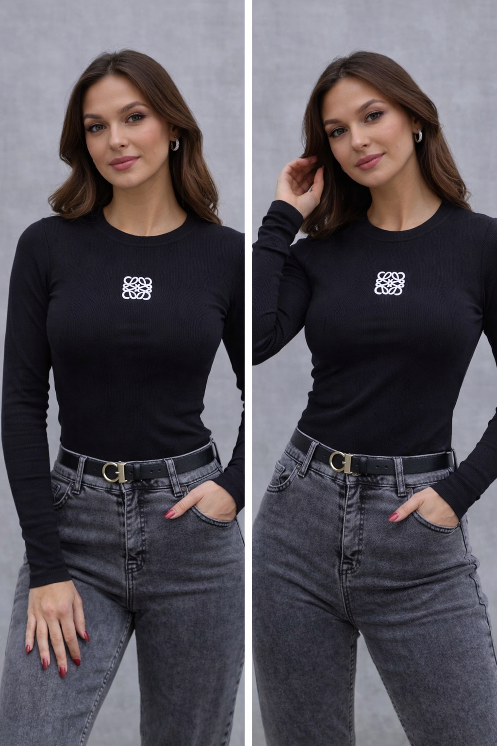 Siyah Fitilli Bisiklet Yaka Uzun Kollu Nakış Detaylı Kadın Body Bluz