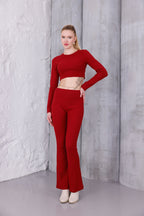 Kırmızı İspanyol Paça Pantolon & Uzun Kollu Parmak Geçirmeli Body Takım