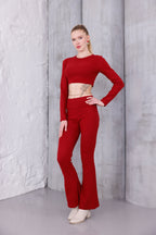 Kırmızı İspanyol Paça Pantolon & Uzun Kollu Parmak Geçirmeli Body Takım
