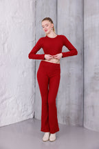 Kırmızı İspanyol Paça Pantolon & Uzun Kollu Parmak Geçirmeli Body Takım