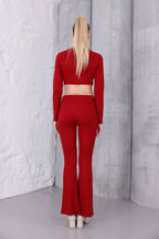 Kırmızı İspanyol Paça Pantolon & Uzun Kollu Parmak Geçirmeli Body Takım