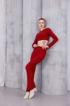 Kırmızı İspanyol Paça Pantolon & Uzun Kollu Parmak Geçirmeli Body Takım