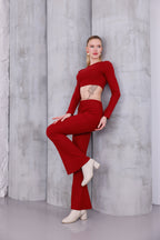 Kırmızı İspanyol Paça Pantolon & Uzun Kollu Parmak Geçirmeli Body Takım