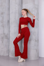 Kırmızı İspanyol Paça Pantolon & Uzun Kollu Parmak Geçirmeli Body Takım