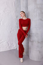 Kırmızı İspanyol Paça Pantolon & Uzun Kollu Parmak Geçirmeli Body Takım