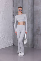 Gri İspanyol Paça Pantolon & Uzun Kollu Parmak Geçirmeli Body Takım