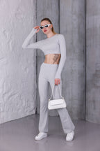 Gri İspanyol Paça Pantolon & Uzun Kollu Parmak Geçirmeli Body Takım