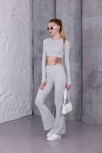 Gri İspanyol Paça Pantolon & Uzun Kollu Parmak Geçirmeli Body Takım