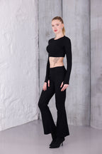 Siyah İspanyol Paça Pantolon & Uzun Kollu Parmak Geçirmeli Body Takım