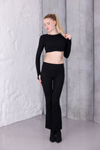 Siyah İspanyol Paça Pantolon & Uzun Kollu Parmak Geçirmeli Body Takım