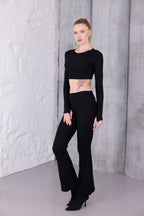 Siyah İspanyol Paça Pantolon & Uzun Kollu Parmak Geçirmeli Body Takım