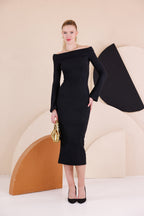 Madonna Yaka Dar Kalıp Uzun Kollu Elbise