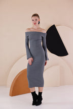 Madonna Yaka Dar Kalıp Uzun Kollu Elbise