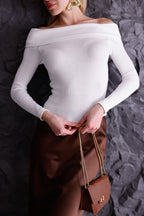 Beyaz Madonna Yaka Uzun Kollu Fitilli Kadın Bluz