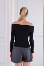 Siyah Madonna Yaka Uzun Kollu Fitilli Kadın Bluz