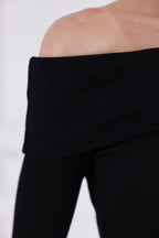 Siyah Madonna Yaka Uzun Kollu Fitilli Kadın Bluz