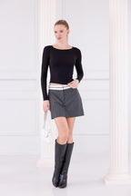 Siyah Buzzy Kumaş Uzun Kollu Kayık Yaka Bluz