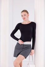 Siyah Buzzy Kumaş Uzun Kollu Kayık Yaka Bluz