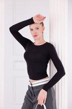 Siyah Buzzy Kumaş Uzun Kollu Kayık Yaka Bluz