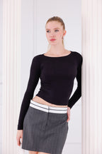 Siyah Buzzy Kumaş Uzun Kollu Kayık Yaka Bluz