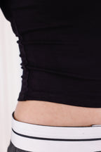 Siyah Buzzy Kumaş Uzun Kollu Kayık Yaka Bluz