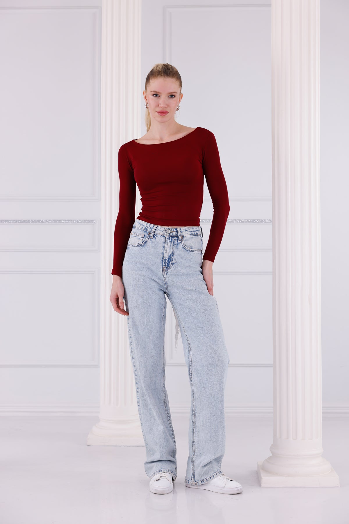 Bordo Buzzy Kumaş Uzun Kollu Kayık Yaka Bluz