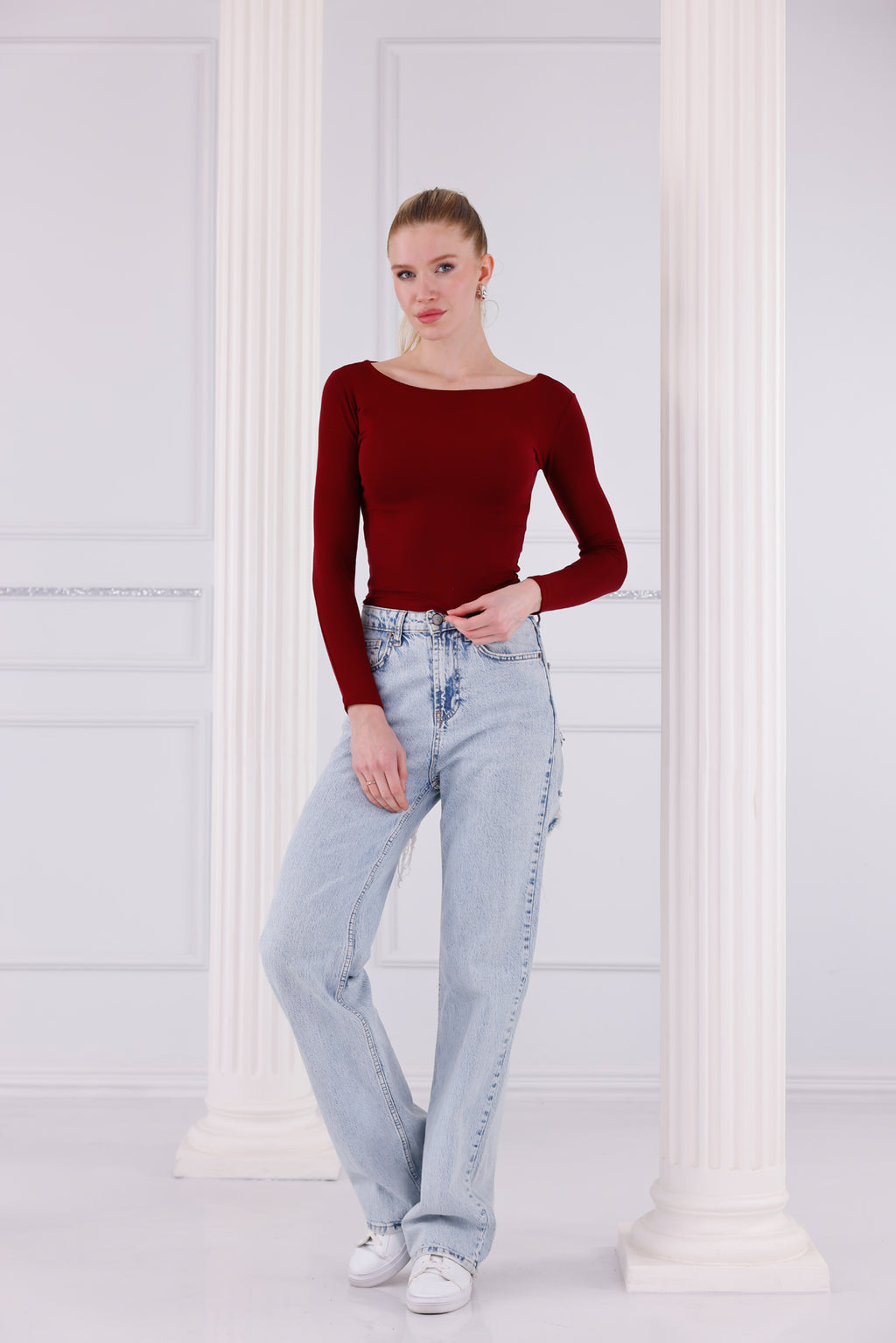 Bordo Buzzy Kumaş Uzun Kollu Kayık Yaka Bluz