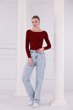 Bordo Buzzy Kumaş Uzun Kollu Kayık Yaka Bluz