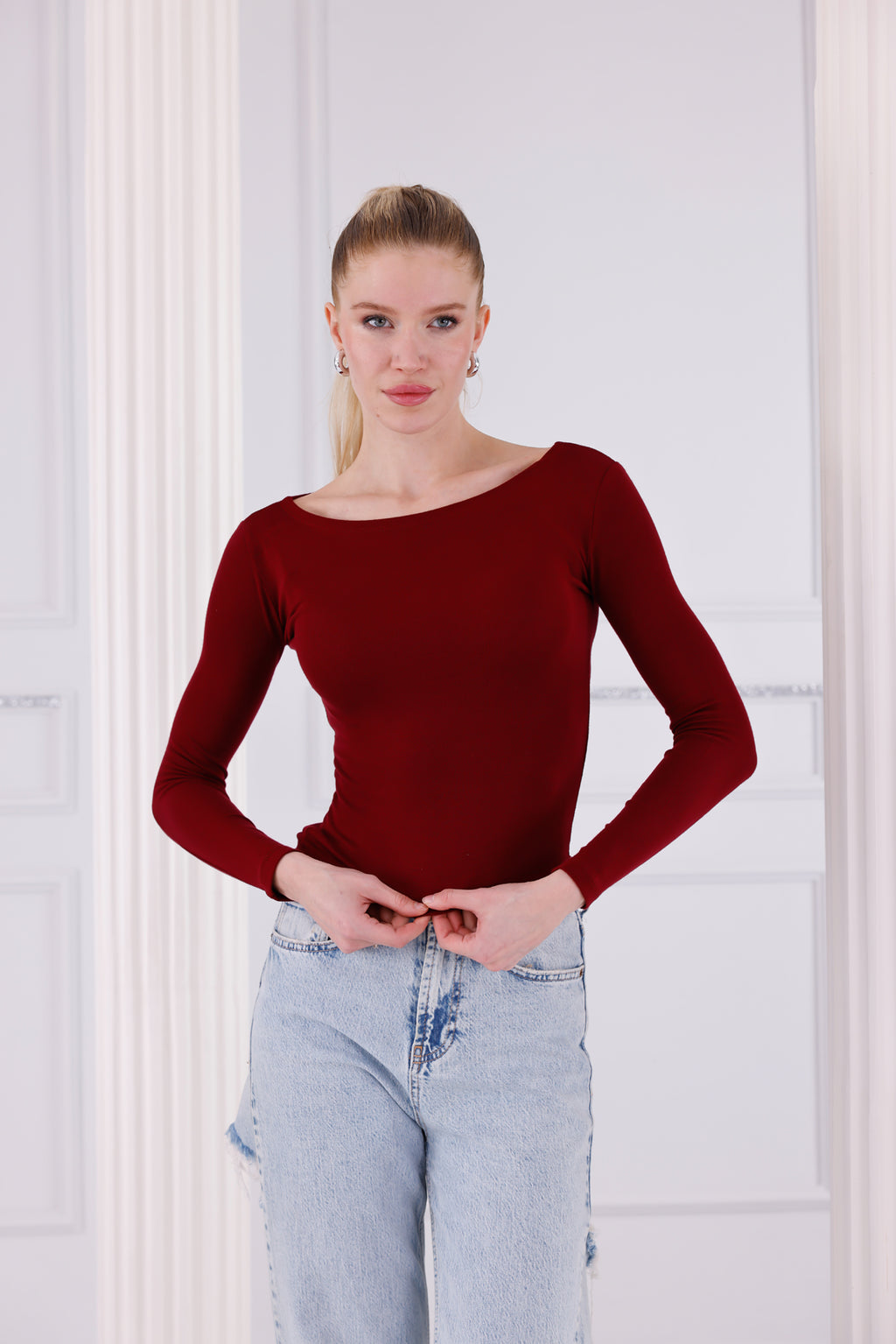 Bordo Buzzy Kumaş Uzun Kollu Kayık Yaka Bluz