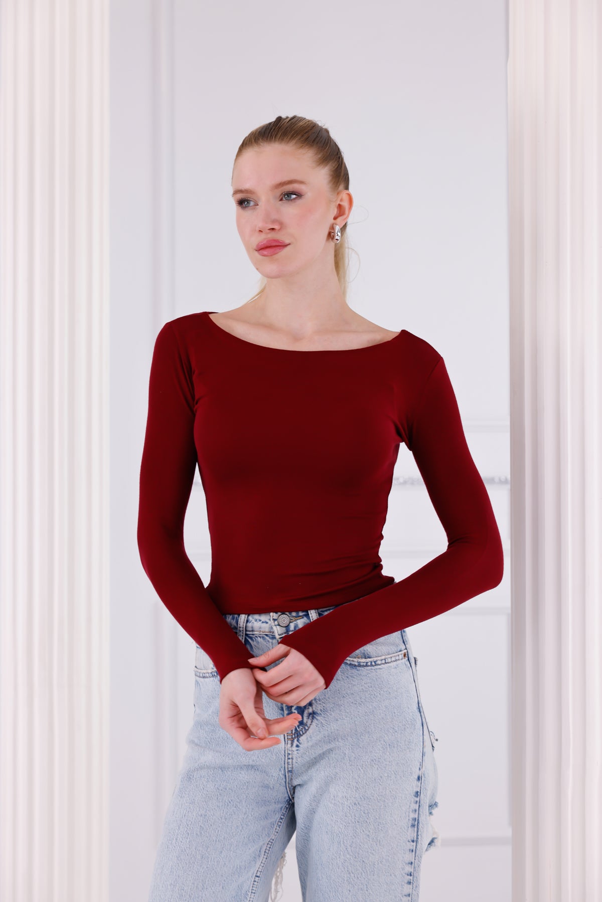 Bordo Buzzy Kumaş Uzun Kollu Kayık Yaka Bluz