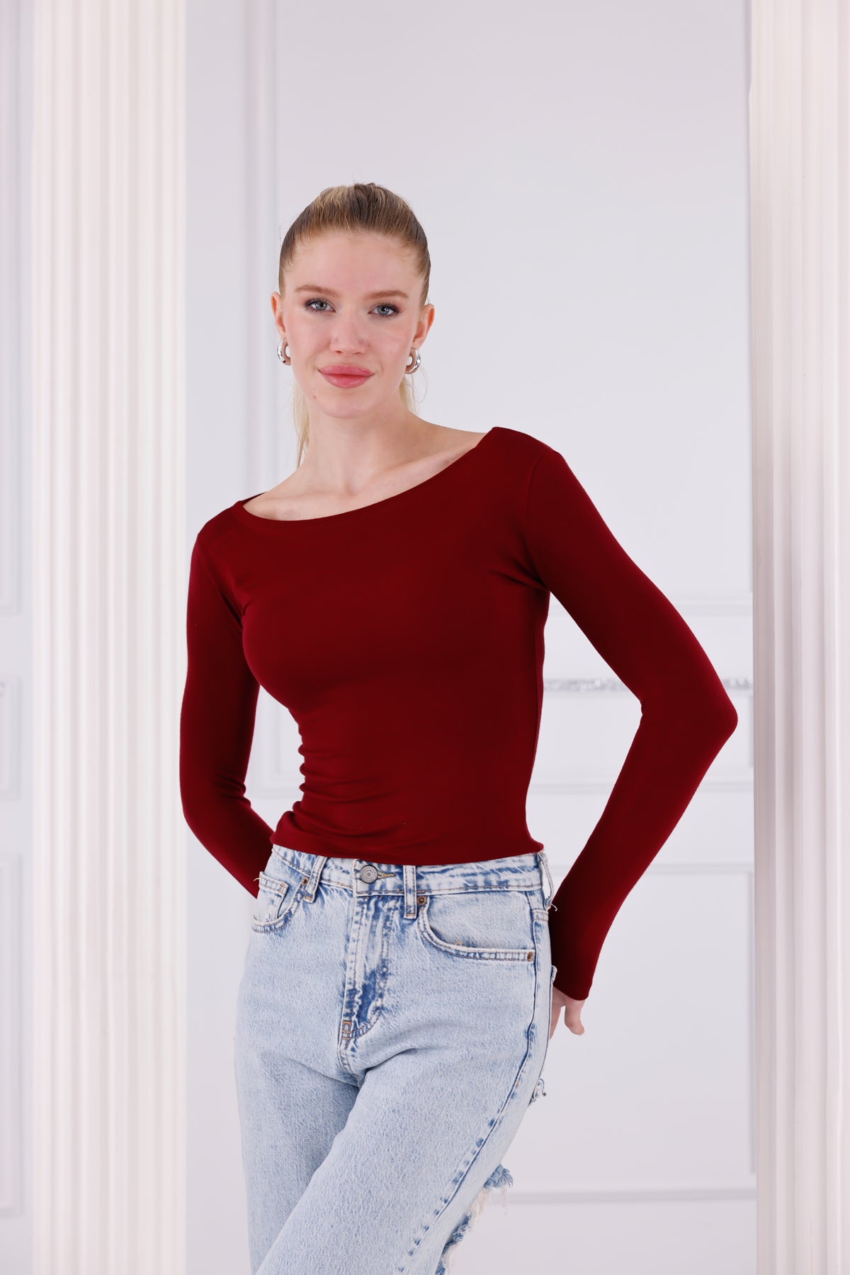 Bordo Buzzy Kumaş Uzun Kollu Kayık Yaka Bluz