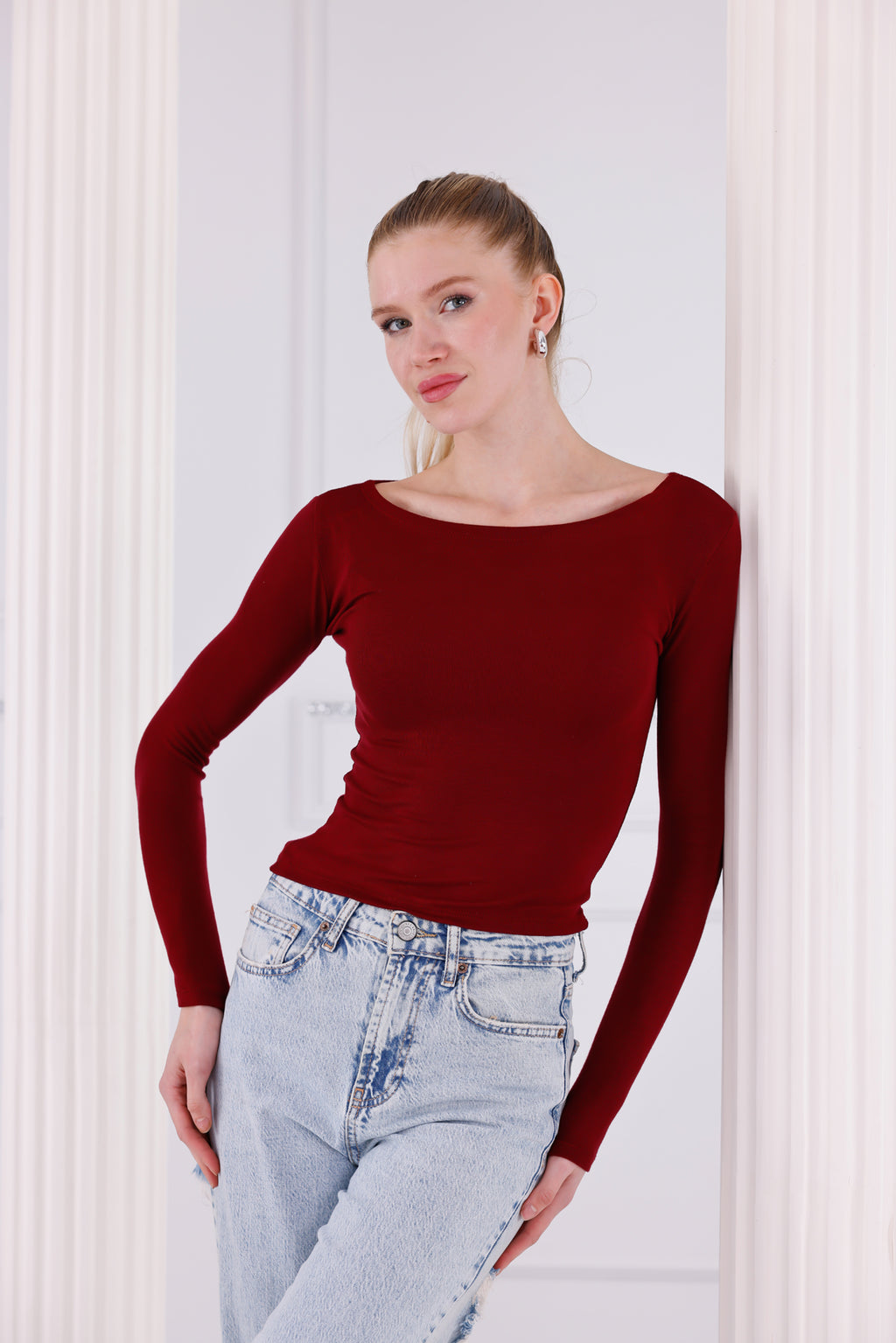 Bordo Buzzy Kumaş Uzun Kollu Kayık Yaka Bluz