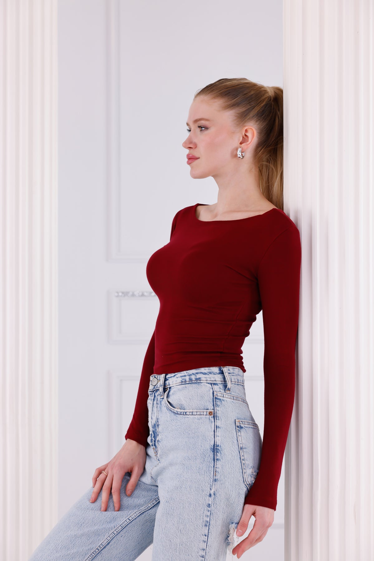 Bordo Buzzy Kumaş Uzun Kollu Kayık Yaka Bluz