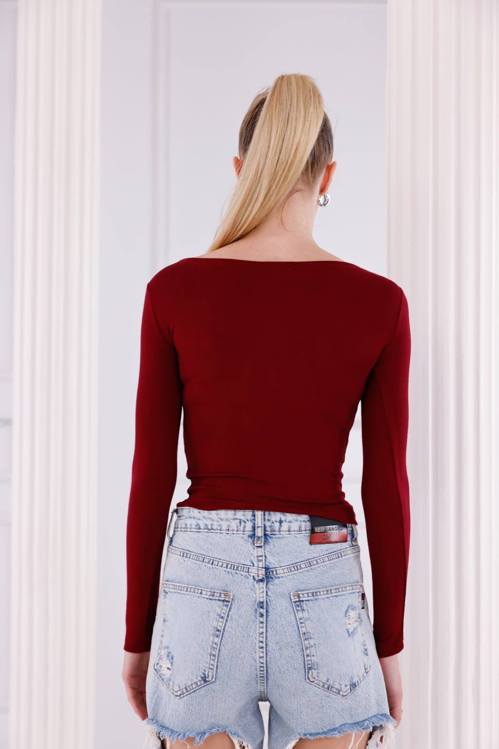 Bordo Buzzy Kumaş Uzun Kollu Kayık Yaka Bluz