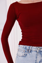 Bordo Buzzy Kumaş Uzun Kollu Kayık Yaka Bluz