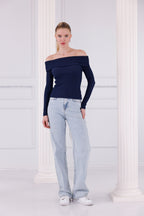 Lacivert Madonna Yaka Uzun Kollu Fitilli Kadın Bluz