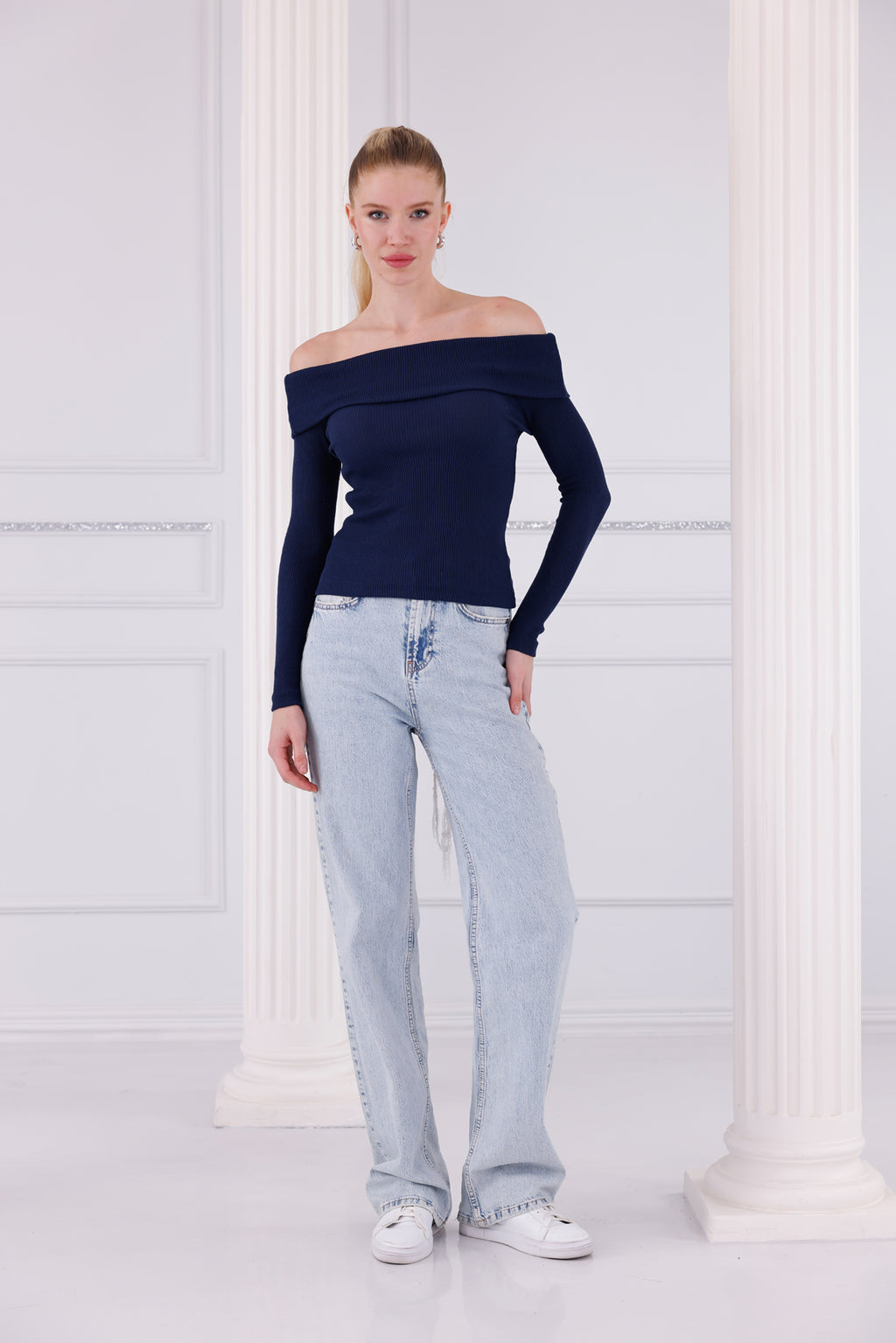 Lacivert Madonna Yaka Uzun Kollu Fitilli Kadın Bluz