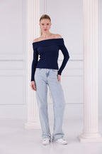 Lacivert Madonna Yaka Uzun Kollu Fitilli Kadın Bluz