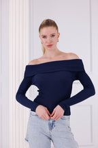 Lacivert Madonna Yaka Uzun Kollu Fitilli Kadın Bluz