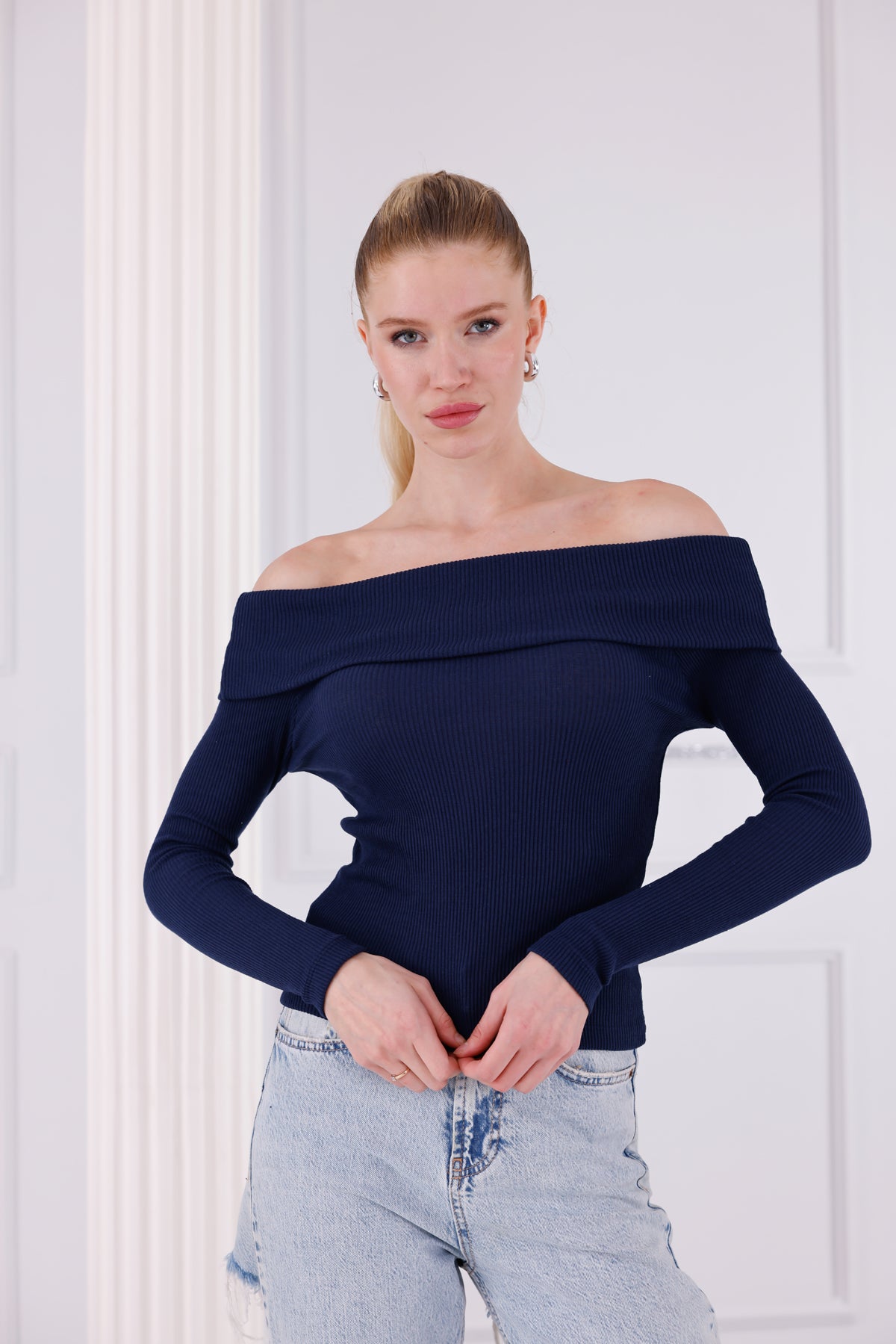 Lacivert Madonna Yaka Uzun Kollu Fitilli Kadın Bluz