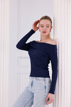 Lacivert Madonna Yaka Uzun Kollu Fitilli Kadın Bluz