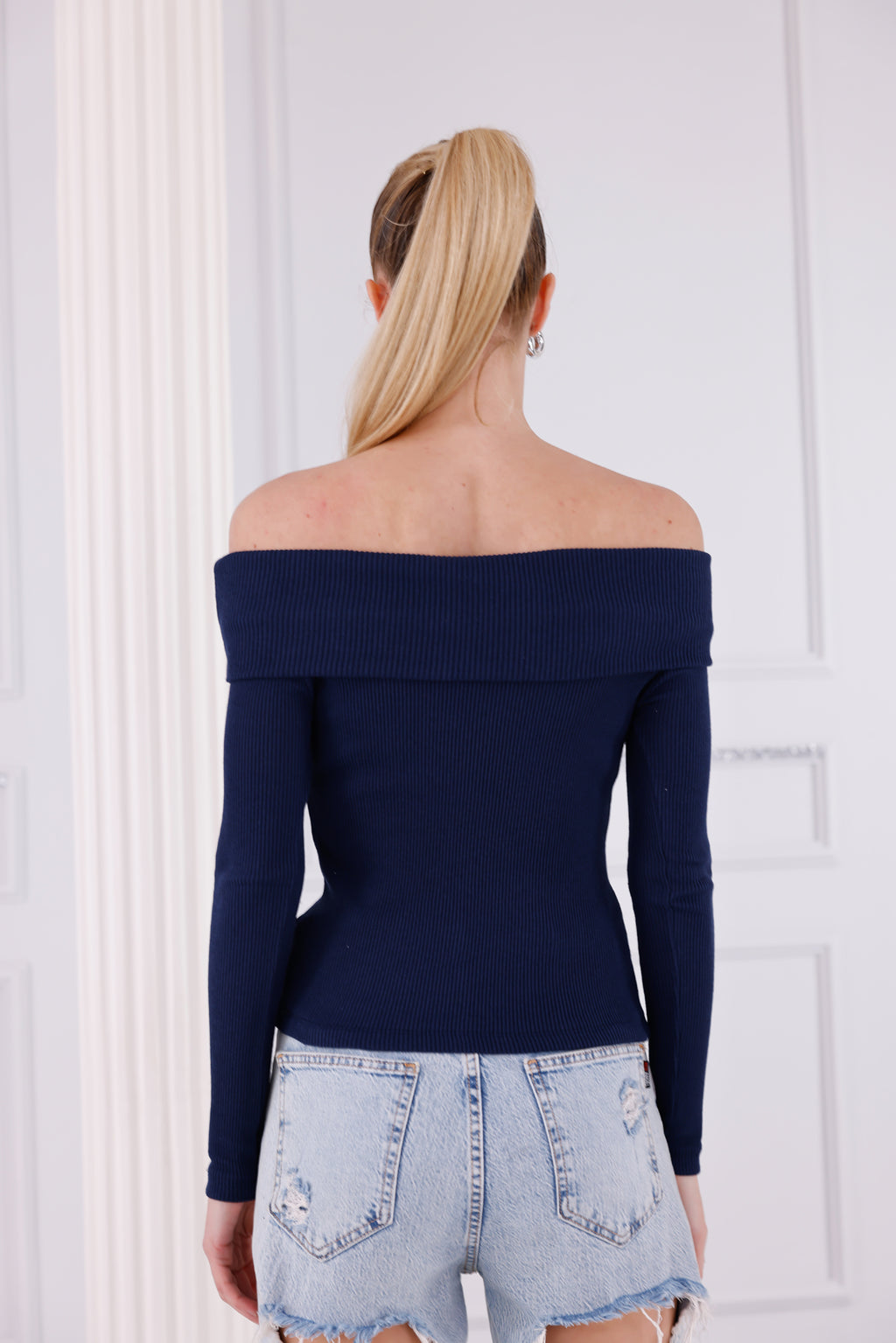 Lacivert Madonna Yaka Uzun Kollu Fitilli Kadın Bluz