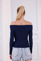 Lacivert Madonna Yaka Uzun Kollu Fitilli Kadın Bluz