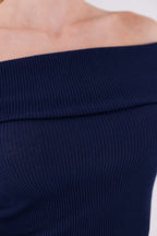 Lacivert Madonna Yaka Uzun Kollu Fitilli Kadın Bluz