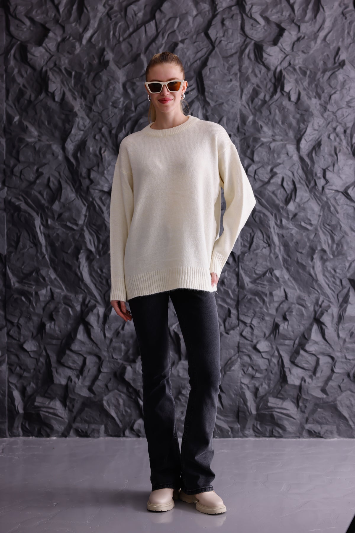 Bisiklet Yaka Oversize Basic Triko Kazak