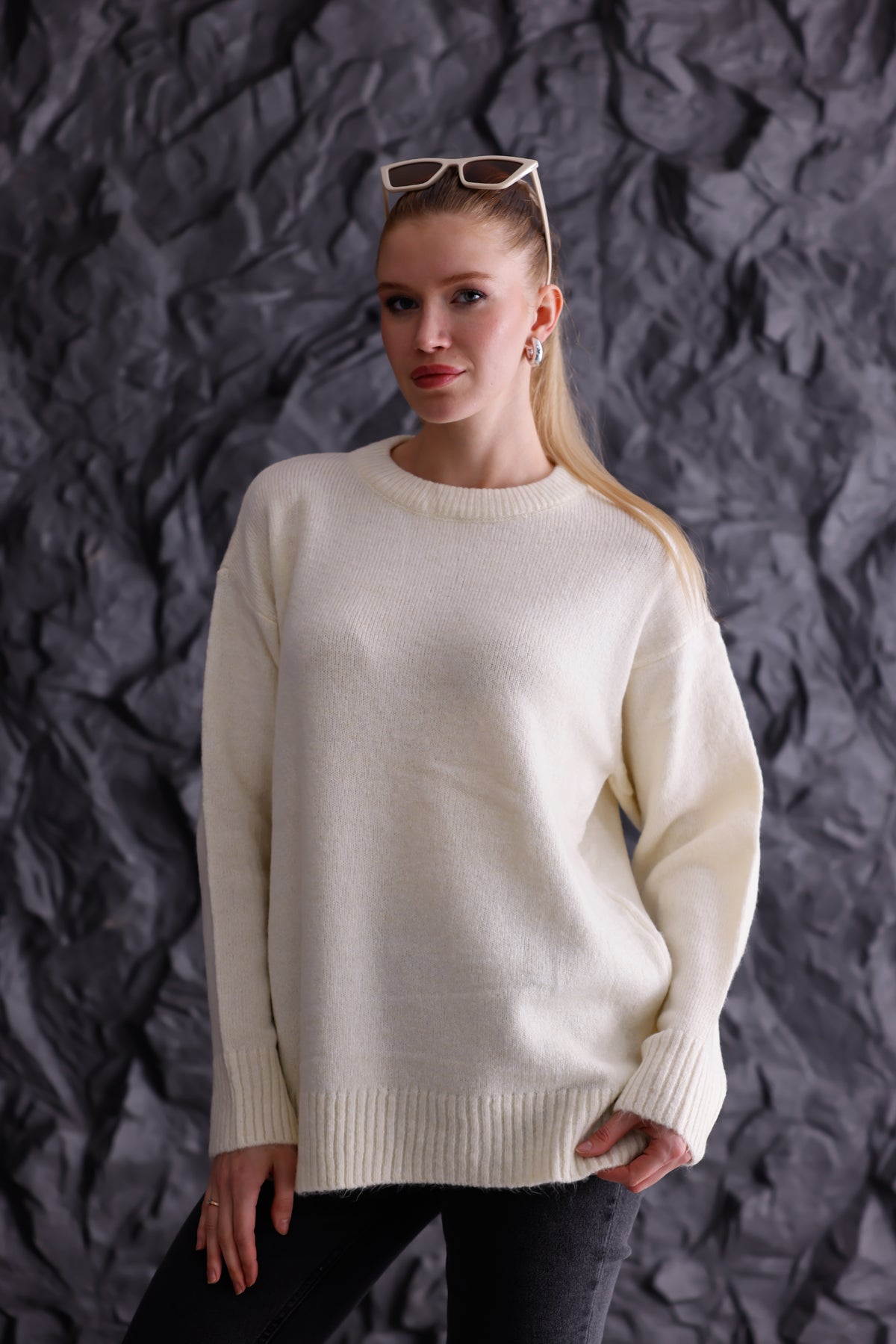 Bisiklet Yaka Oversize Basic Triko Kazak