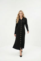 Siyah Fitilli Uzun Triko Kadın Elbise – Gold Düğmeli, Zarif ve Modern